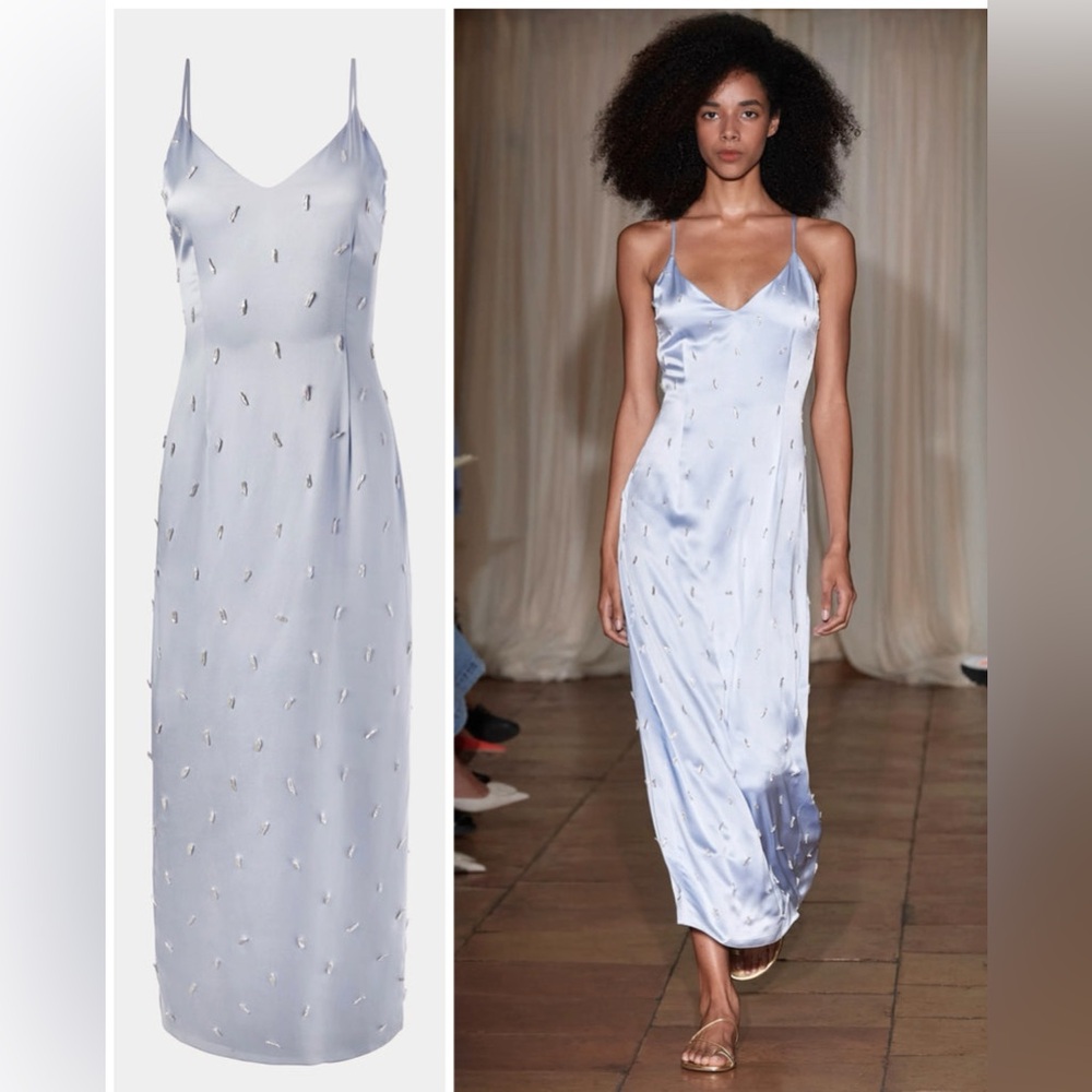Alejandra Alonso Rojas Blue Fitted Silk Slip Midi Dress With Pearls